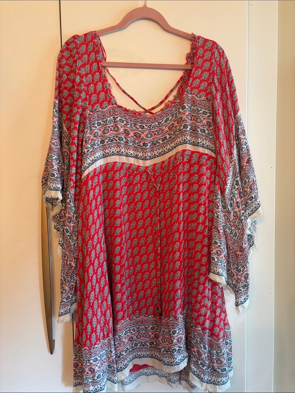 Free People Red Printed Boho Tunic with Blue and White Accents